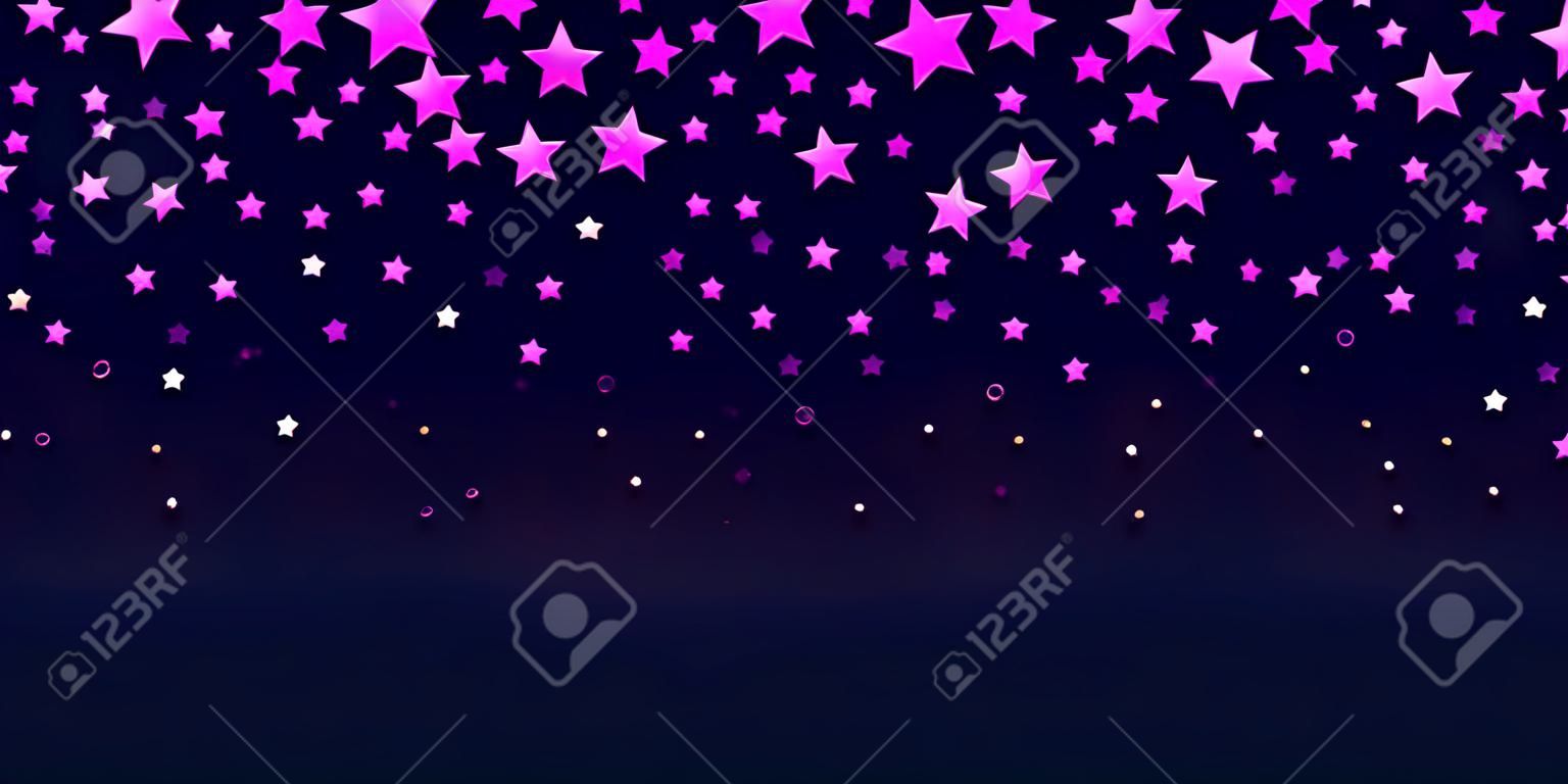 Confeti de estrellas voladoras de gradiente rosa aislado en negro. Pequeña caída estelar aleatoria brillante de lujo. Las estrellas voladoras brillan, el confeti de lámina degradada brilla con un patrón brillante. vector, horizontal, seamless
