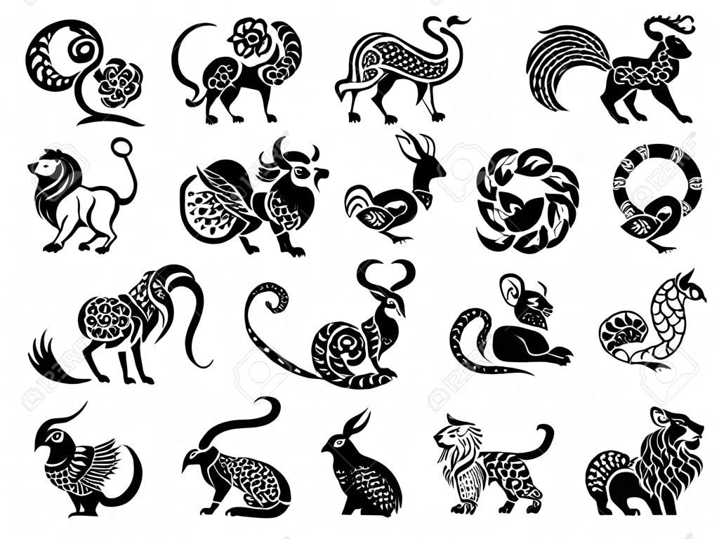 12 chinesische Tierkreiszeichen mit dekorativen Elementen