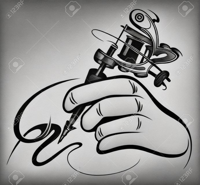 Black and white design of hand with tattoo machine