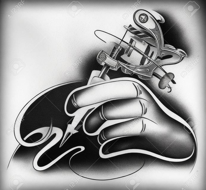 Black and white design of hand with tattoo machine