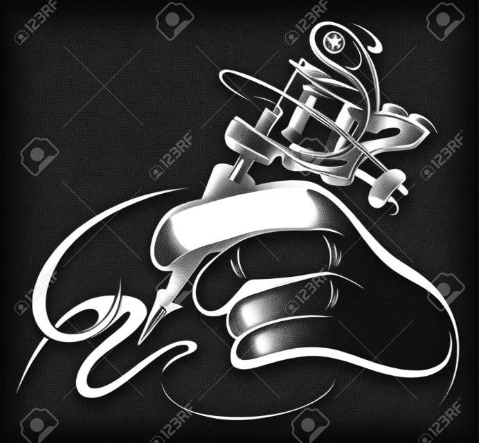 Czarno-biały wzór dłoni z maszynką do tatuażu