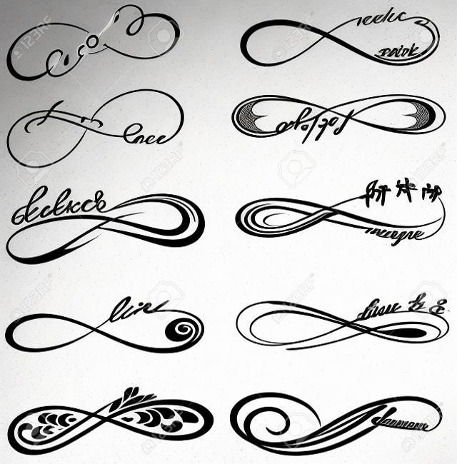 Esquema de símbolos de infinito con palabras para tatuaje sobre fondo blanco.