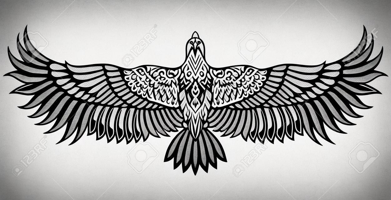 Ikona ptak orzeł. Wektor heraldyczne godło potężnego dzikiego dzikiego sokoła. Tatuaż ptak
