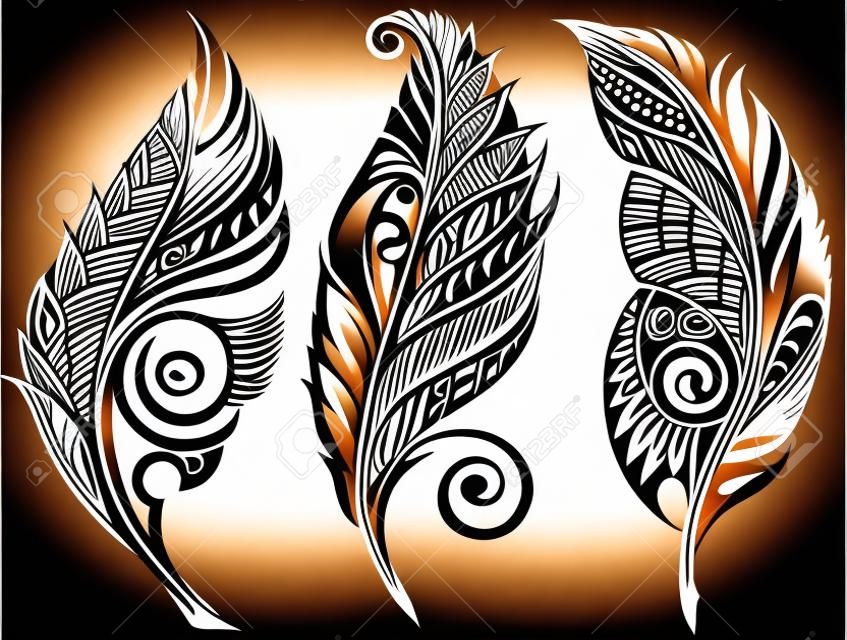Piume decorative senza pari di vettore, disegno tribale, tatuaggio