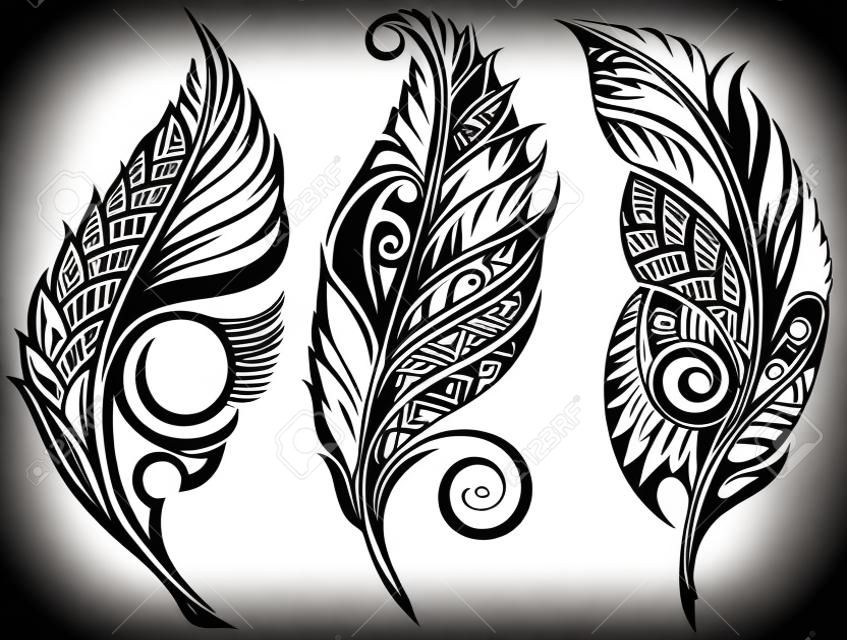Piume decorative senza pari di vettore, disegno tribale, tatuaggio