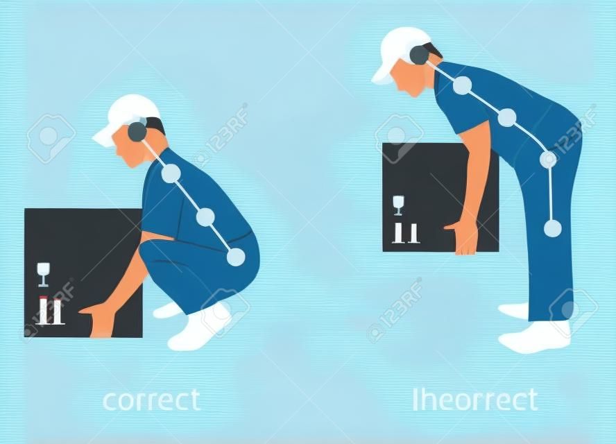 Correct posture to lift. Illustration of health care. Vector illustration
