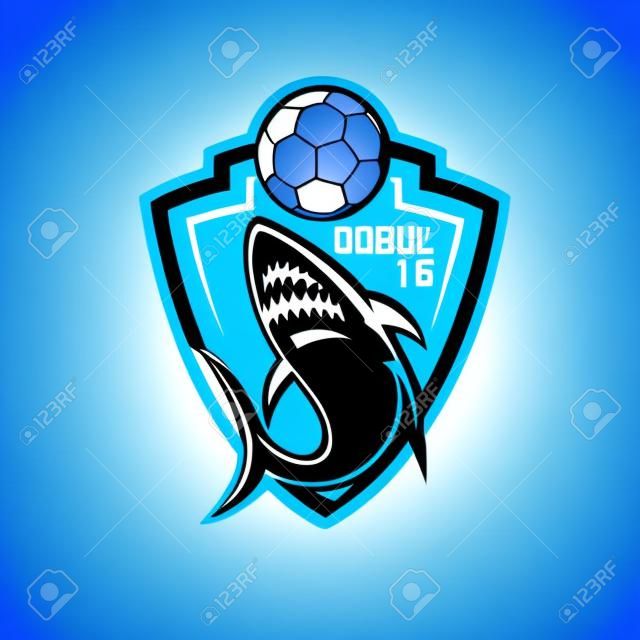 Labdarúgás logo tervezés, kék cápa labdarúgó-válogatott, vektoros illusztráció
