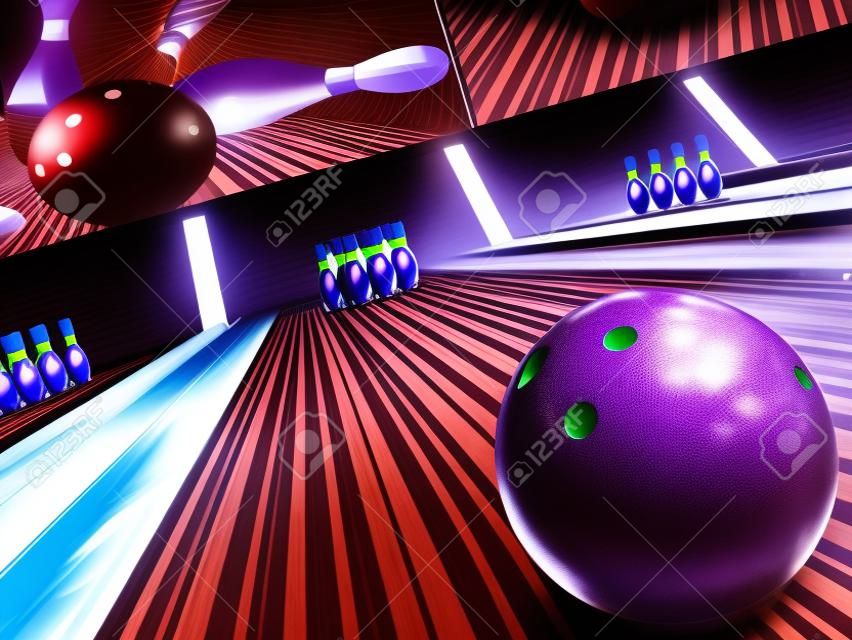 ein lila Bowling-Kugel schleudert unten eine Bowlingbahn in Richtung 10 weißen und roten Nadeln in einem 3D-Bowling-Verbündeten Szene.