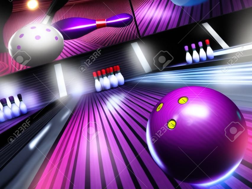a purple bowling ball hurls down a bowling lane towards 10  white and red pins in a 3d bowling ally scene.