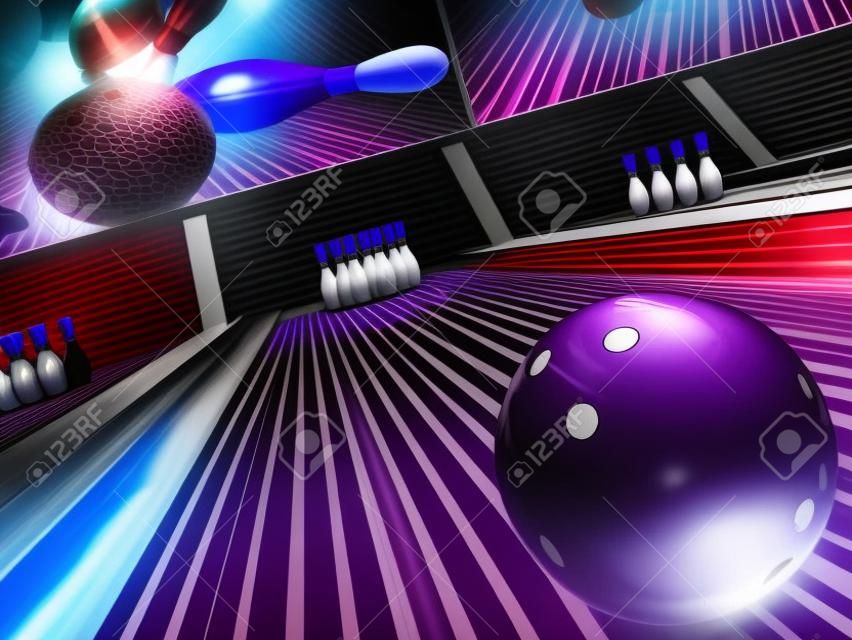 a purple bowling ball hurls down a bowling lane towards 10  white and red pins in a 3d bowling ally scene.