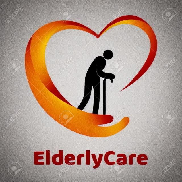 Logotipo en forma de corazón de atención médica para ancianos. Signo de hogar de ancianos.