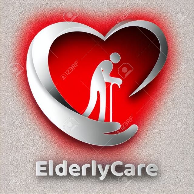 Logo en forme de coeur de soins de santé aux personnes âgées. Signe de maison de retraite.