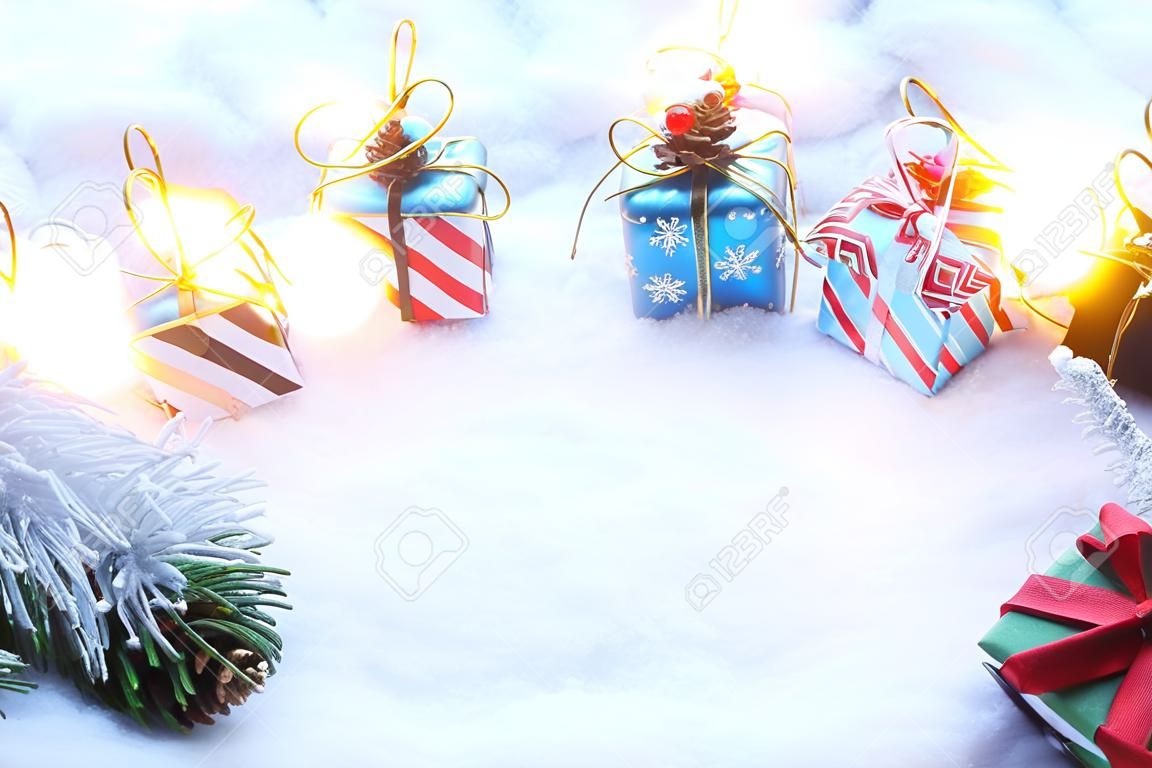 Christmas decorations and white snow, snow background, winter festival