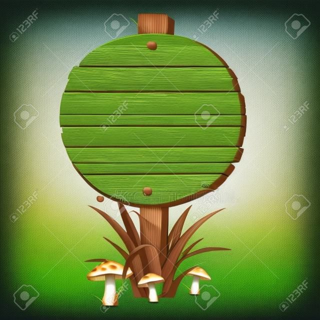 Cartello in legno su un prato con l'illustrazione vettoriale funghi