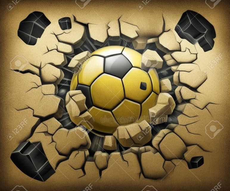 Balón de fútbol y la ilustración antigua pared de yeso daños