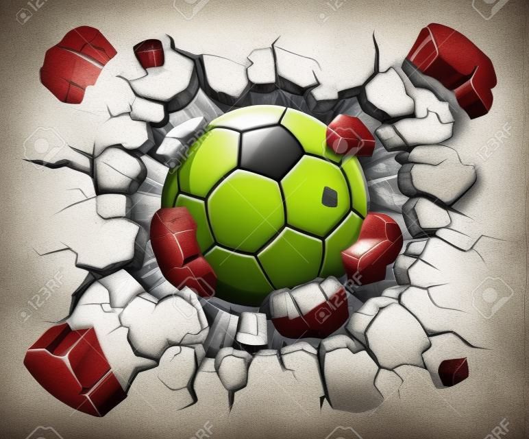 Balón de fútbol y la ilustración antigua pared de yeso daños