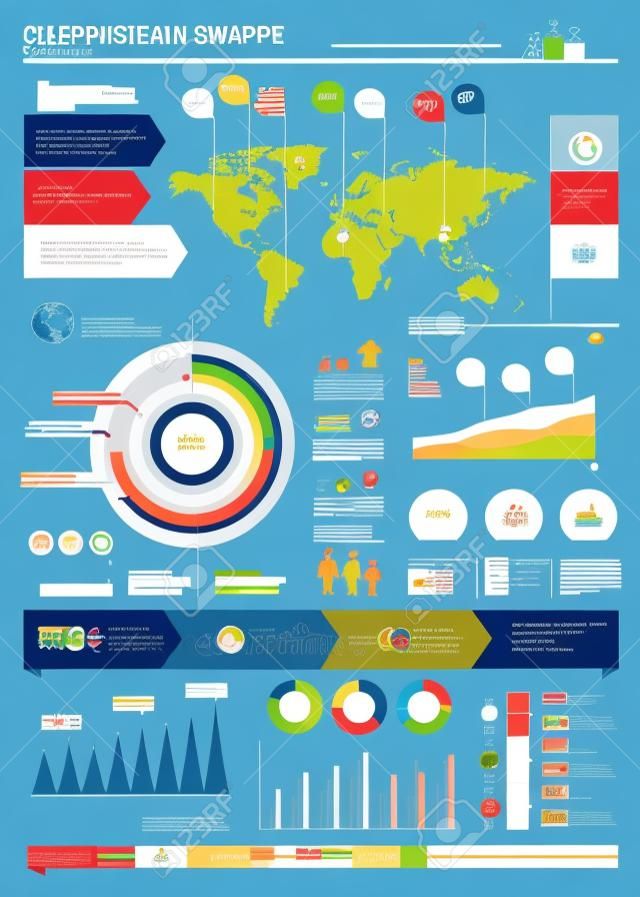 Clean Color Infografik Elemente mit Weltkarte und Informationen Graphics. Kann für Workflow-Layout, Grafik, Schritt Optionen, Web-Design, Anzahl Optionen banner verwendet werden.