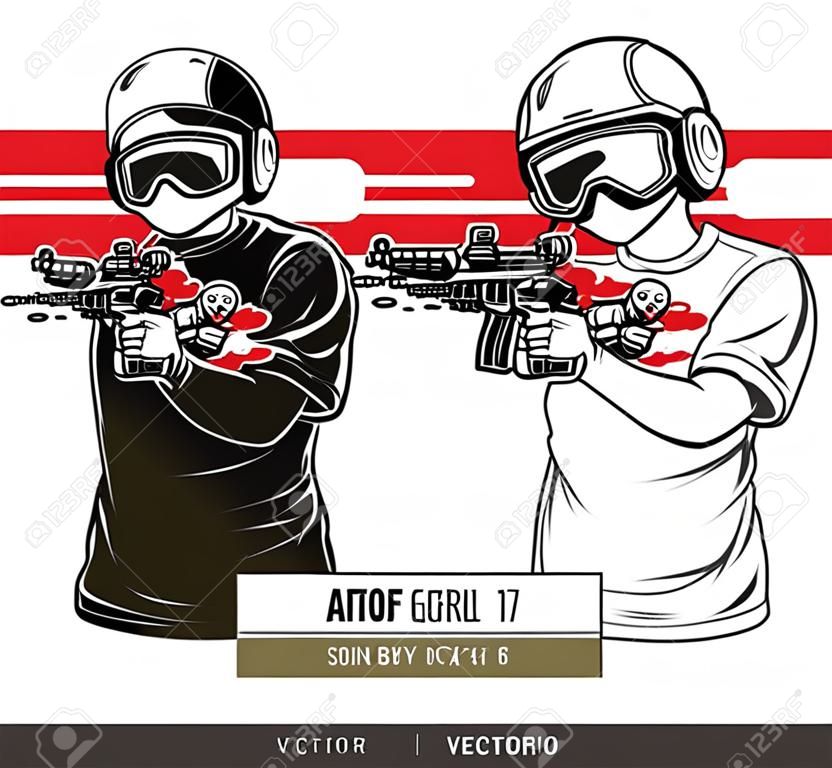Muchacho de la historieta y de la muchacha juegan los armas de Airsoft Vector. Diseño de la camiseta