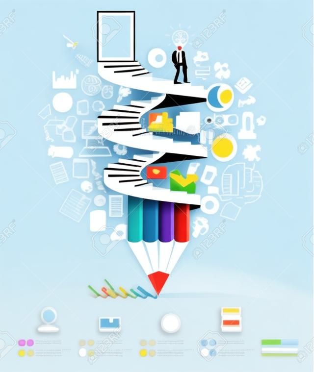 İş kalem merdiven Infographics seçeneği. Vector illustration. iş akışı düzeni, afiş, diyagram, sayı seçenekleri, hızlandırma seçenekleri, web tasarımı için kullanılabilir.
