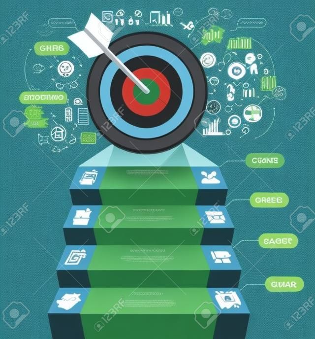 Business staircase conceptual infographics. Target with arrow and doodles icons. Can be used for workflow layout, banner, diagram, web design, infographic template.