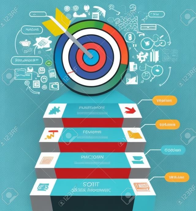 Business staircase conceptual infographics. Target with arrow and doodles icons. Can be used for workflow layout, banner, diagram, web design, infographic template.