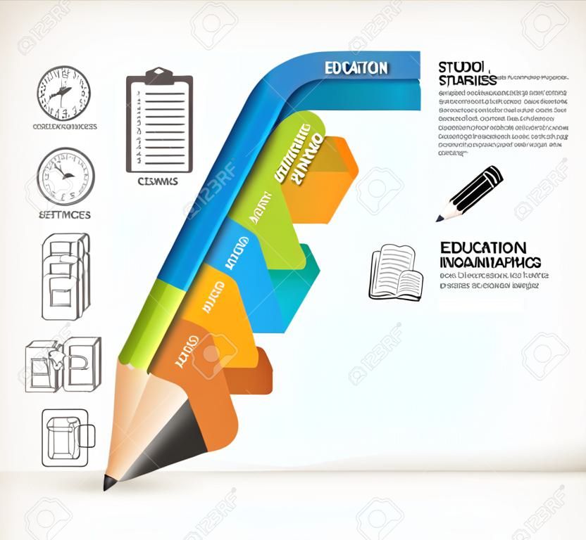 Lápiz Educación escalera opción Infografía. Ilustración del vector. se puede utilizar para el diseño de flujo de trabajo, bandera, diagrama, opciones numéricas, intensificar opciones, diagrama, diseño de páginas web.
