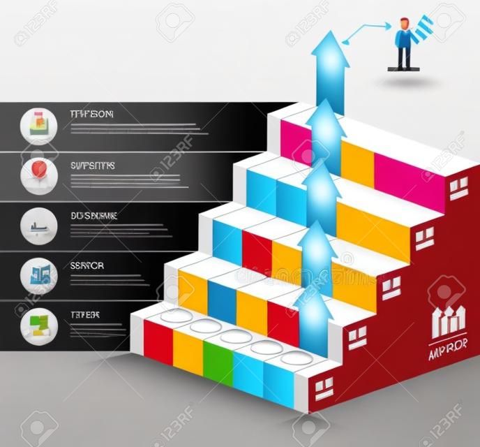 Modelo de diagrama de escada de negócios 3d. Ilustração vetorial. pode ser usado para layout de fluxo de trabalho, banner, opções de número, opções de aumento, design da web, infográficos, modelo de linha do tempo.