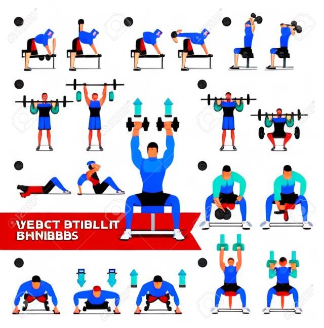 Hantel-Übungen und Workouts Krafttraining. Vektor-Illustration.
