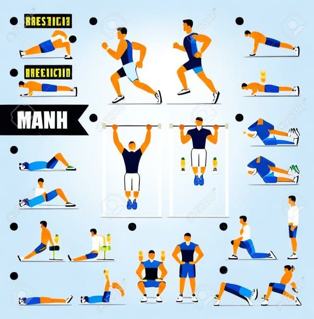 Ćwiczenia treningowe dla mężczyzn, aerobik i ćwiczenia. Ilustracja wektora.
