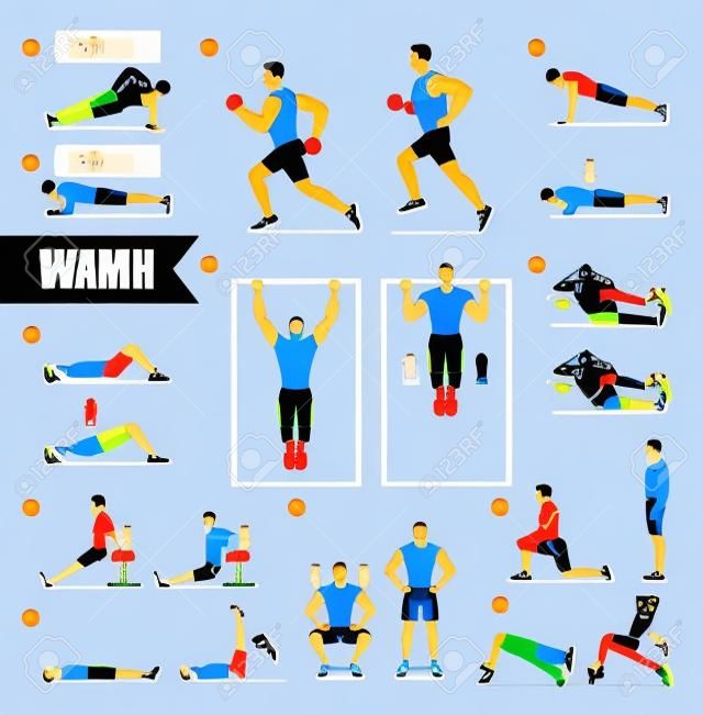Exercício de homem fitness, aeróbica e exercícios. Ilustração vetorial.