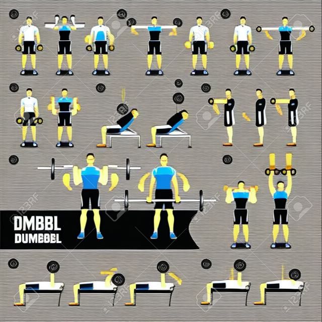 Dumbbell Exercícios e exercícios de treinamento de peso. Ilustração vetorial.
