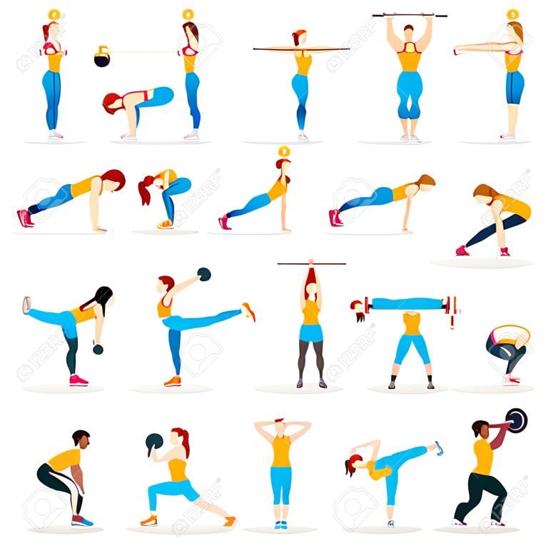 Мужская и женская тренировка, фитнес, аэробика и упражнения. Векторные иллюстрации.