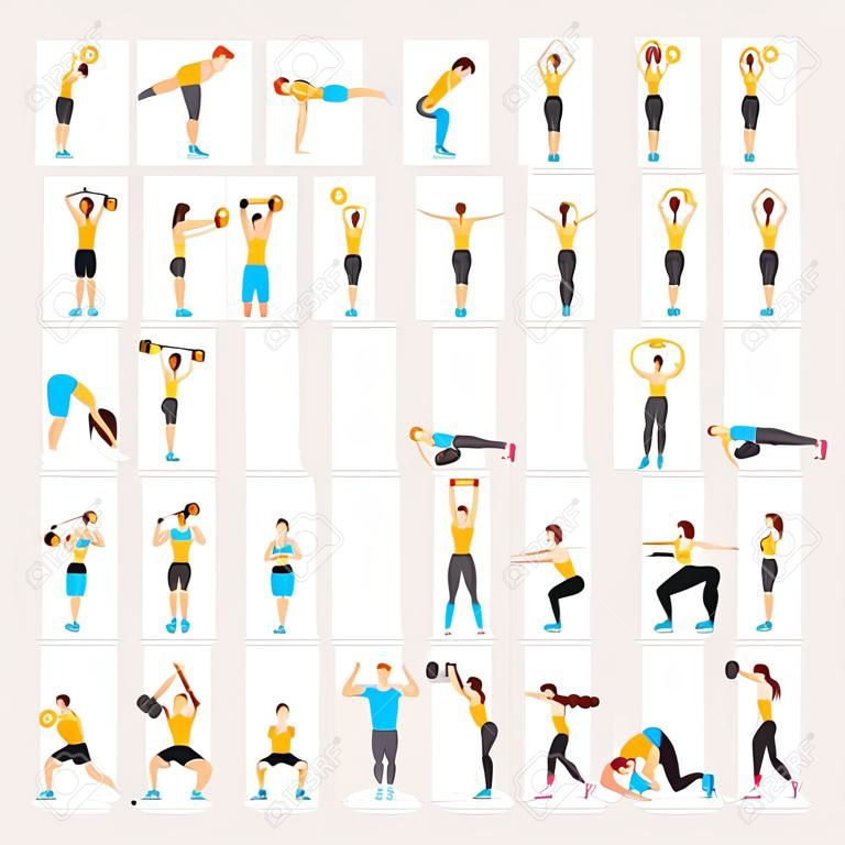 Ćwiczenia treningowe mężczyzny i kobiety, aerobik i ćwiczenia. Ilustracje wektorowe.