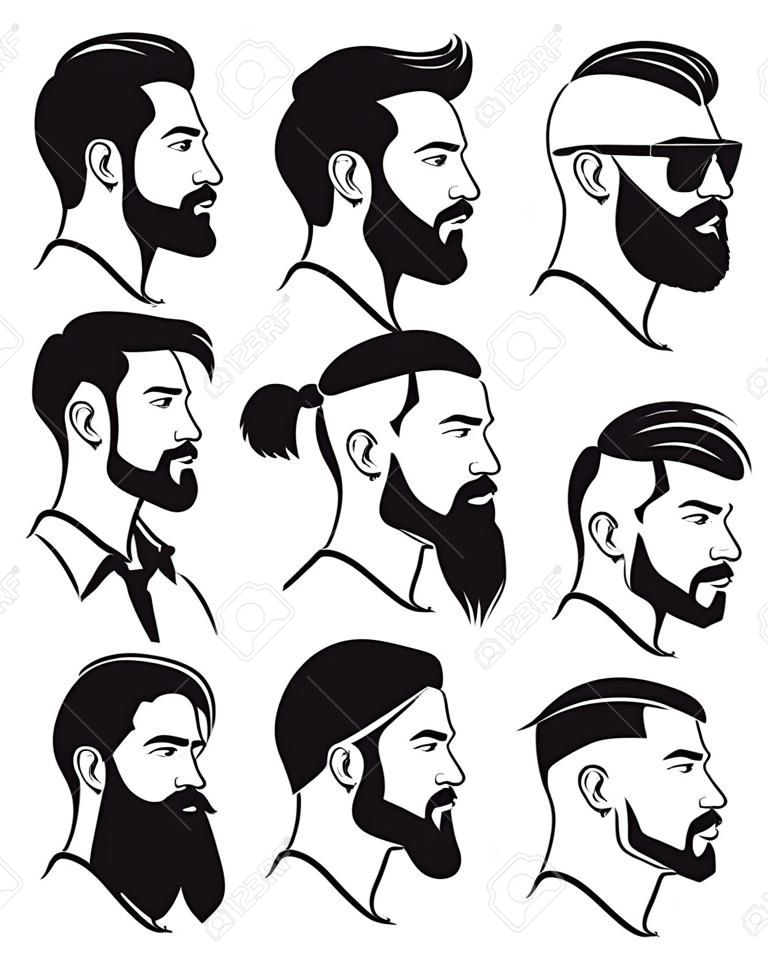 Conjunto de caras de hombres con barba silueta en estilo hipster. Ilustración vectorial