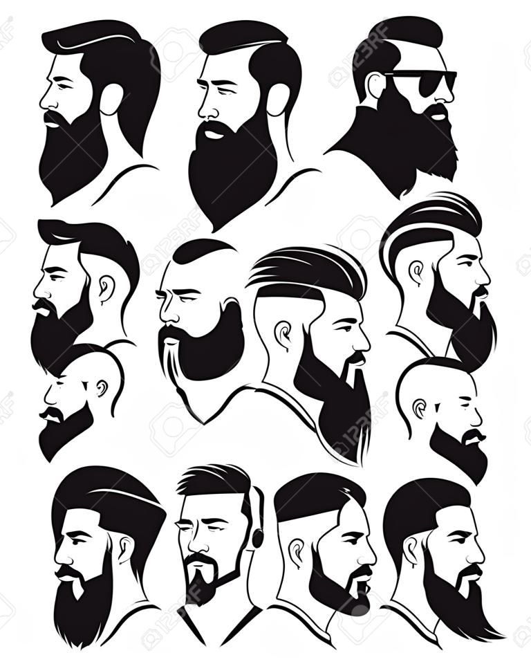 Conjunto de caras de hombres con barba silueta en estilo hipster. Ilustración vectorial
