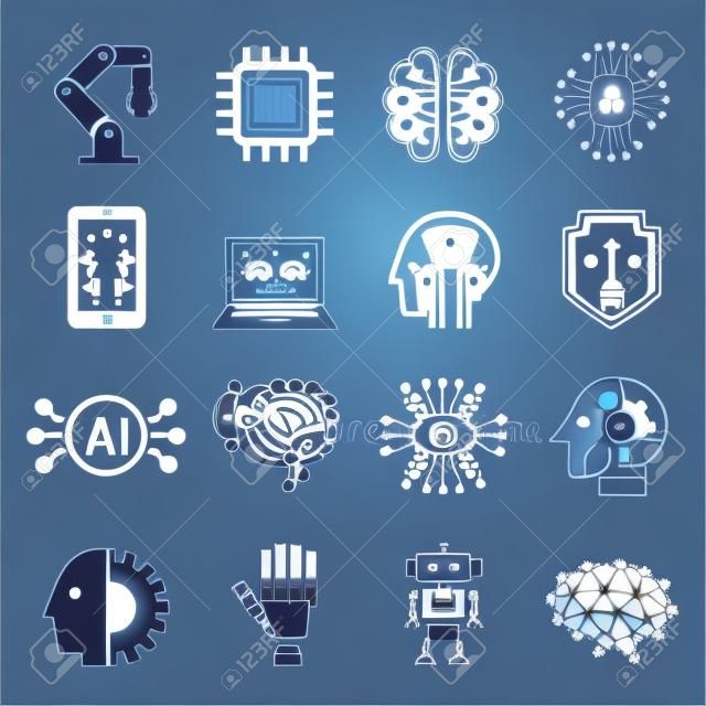 Ikony sztucznej inteligencji robota AI. Ilustracja wektorowa.