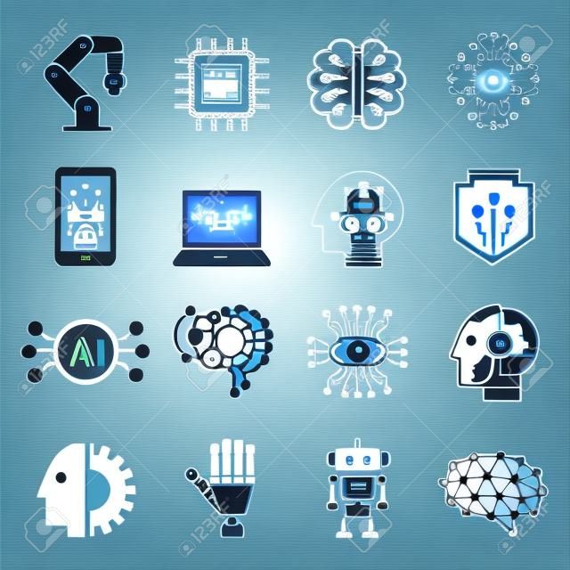 Ikony sztucznej inteligencji robota AI. Ilustracja wektorowa.