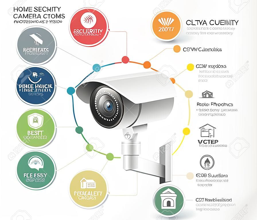 Home security camera video surveillance systems infographics vector illustration.