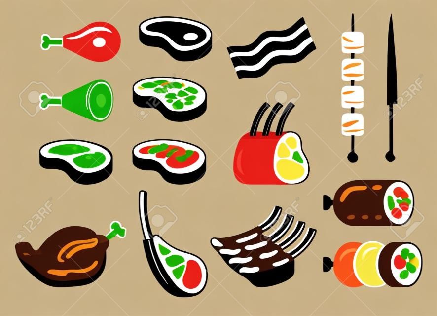 Le icone della bistecca impostano le illustrazioni vettoriali.