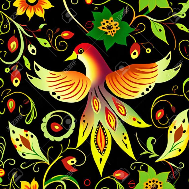 Illustration of seamless pattern with bird and abstract flower 