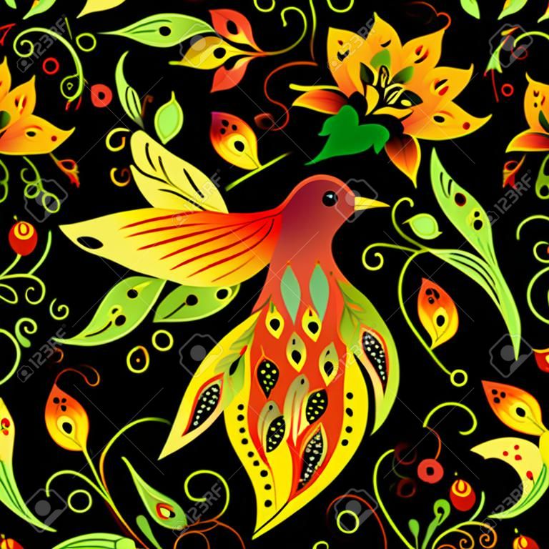 鳥と抄録の花とのシームレスなパターンのイラスト