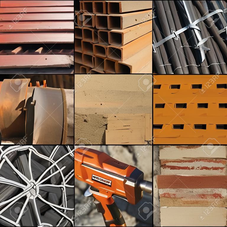 collage of construction materials used for building