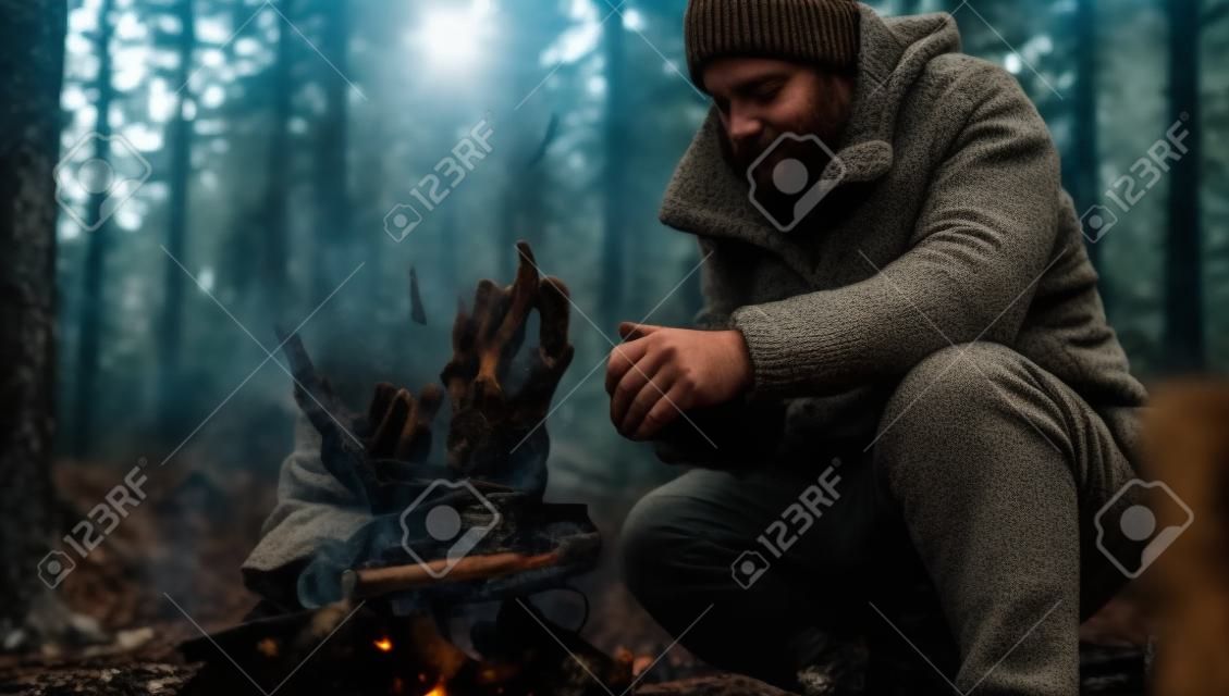 남자는 숲에서 캠프 파이어로 몸을 따뜻하게합니다.
