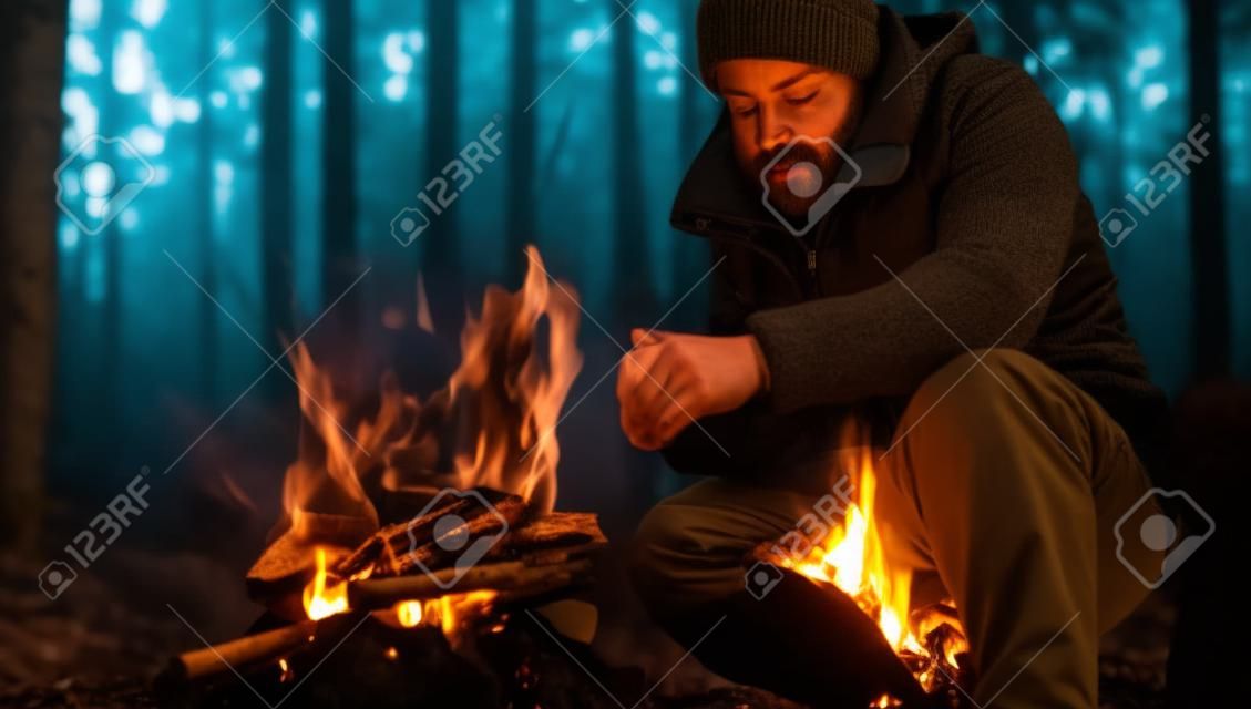 남자는 숲에서 캠프 파이어로 몸을 따뜻하게합니다.