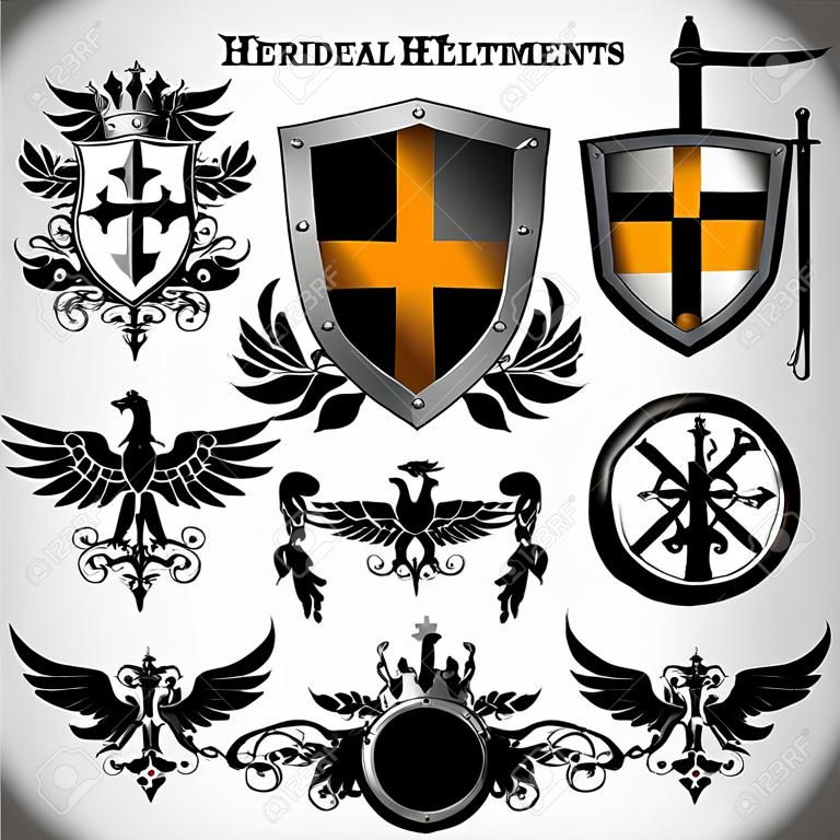 set middeleeuwse heraldische elementen met schilden en wapens
