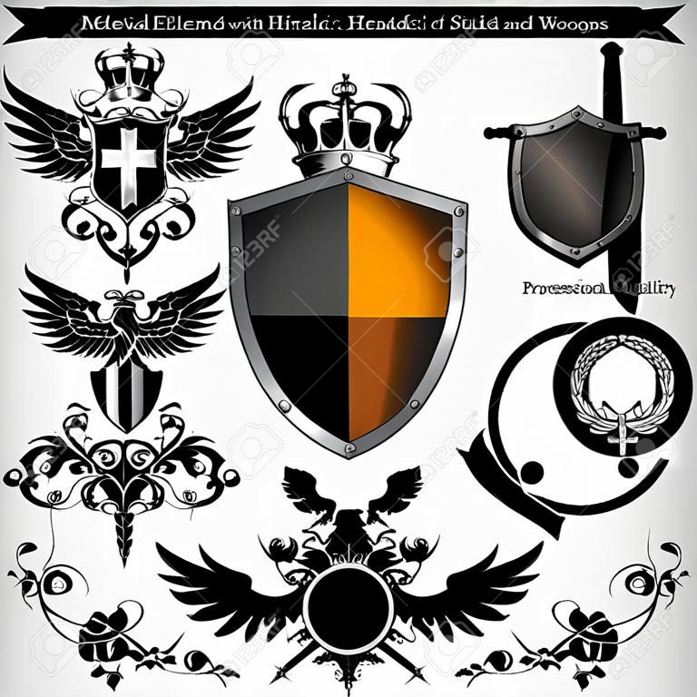 Satz von mittelalterlichen heraldischen Elemente mit Schilden und Waffen