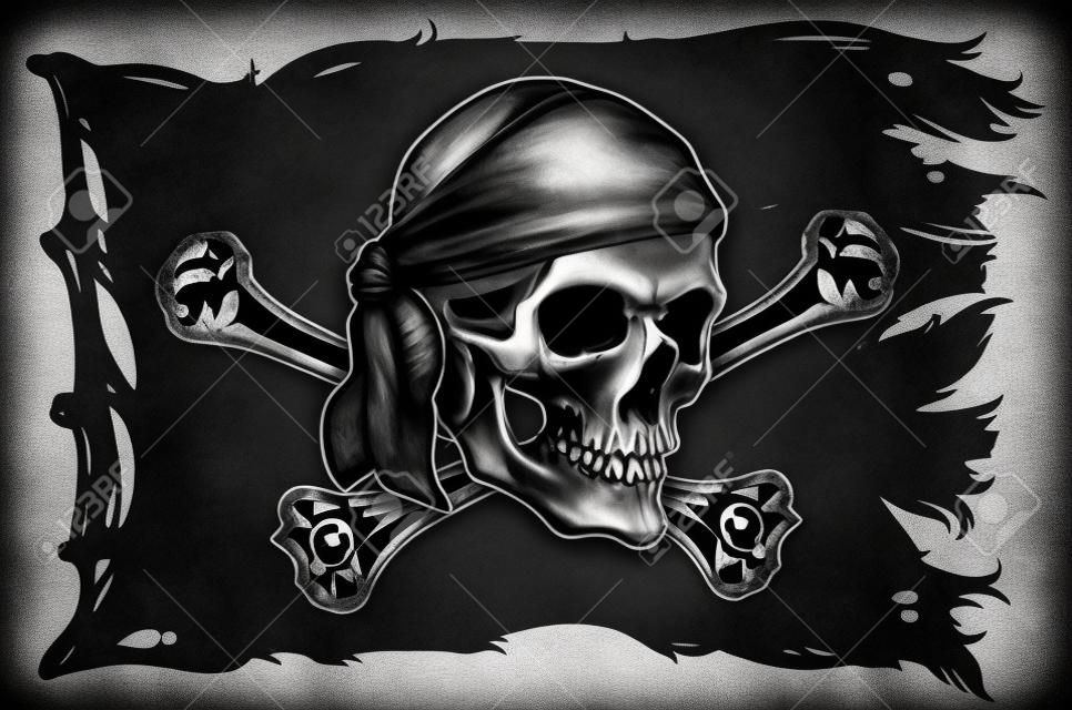 Bandeira de pirata esfarrapada preta com crânio e ossos