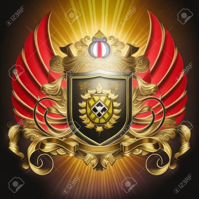 Heraldic shield on the background of exquisite decor. Highly realistic illustration.