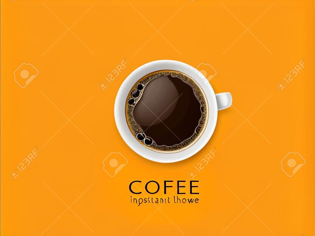 White porcelain cup of coffee with foam on a yellow background. View from above. High detailed realistic illustration.