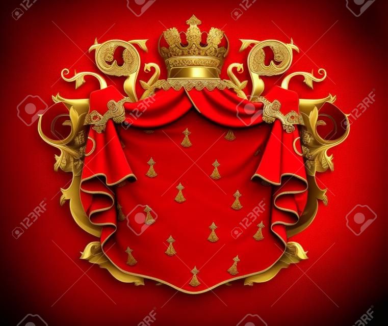 Fondo heráldico con manto real de armiño rojo con corona y escudo. Vector 3D. Ilustración realista muy detallada
